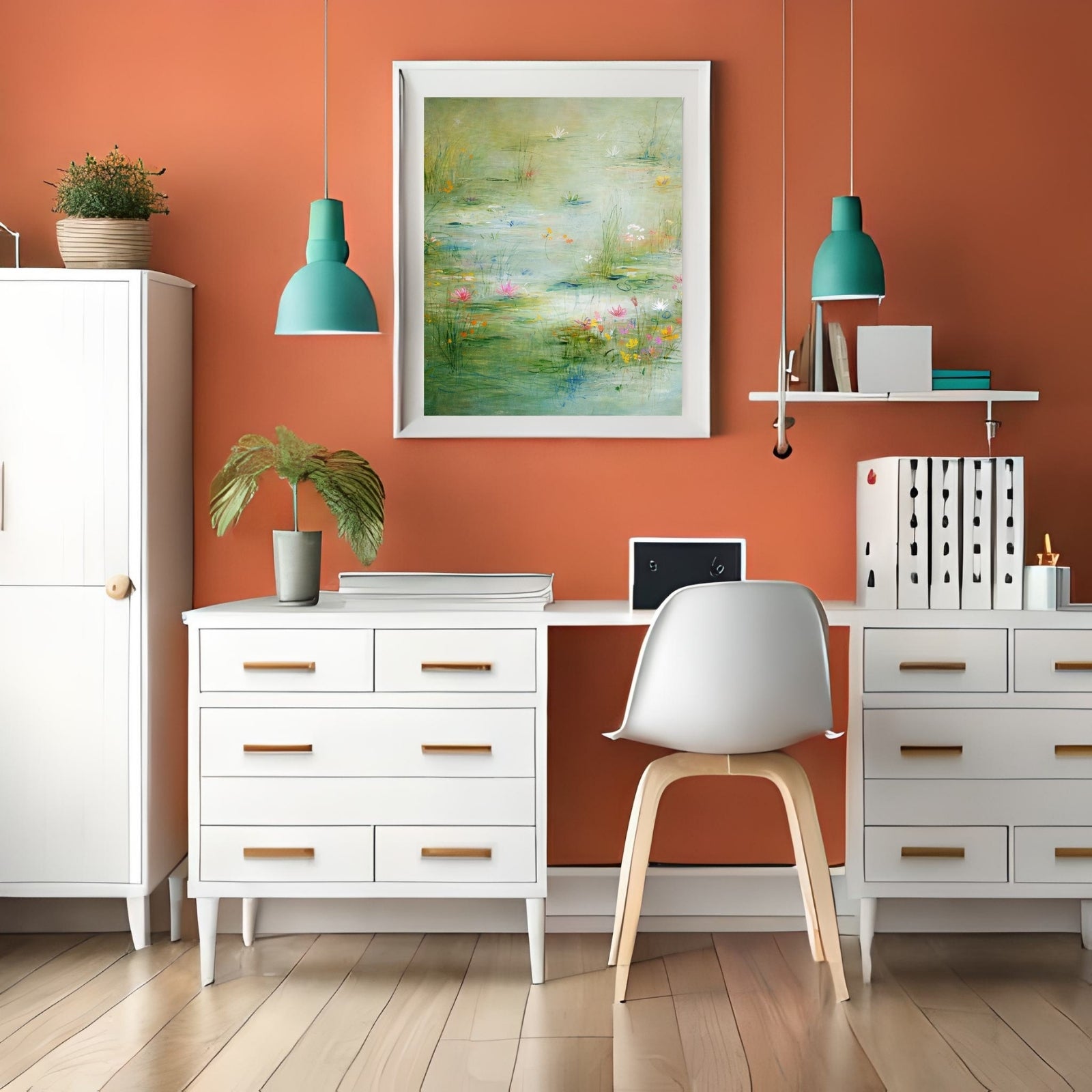 Impressionist oil painting of a peaceful green pond with pink and yellow water lilies, featuring soft textures and nature-inspired tones.