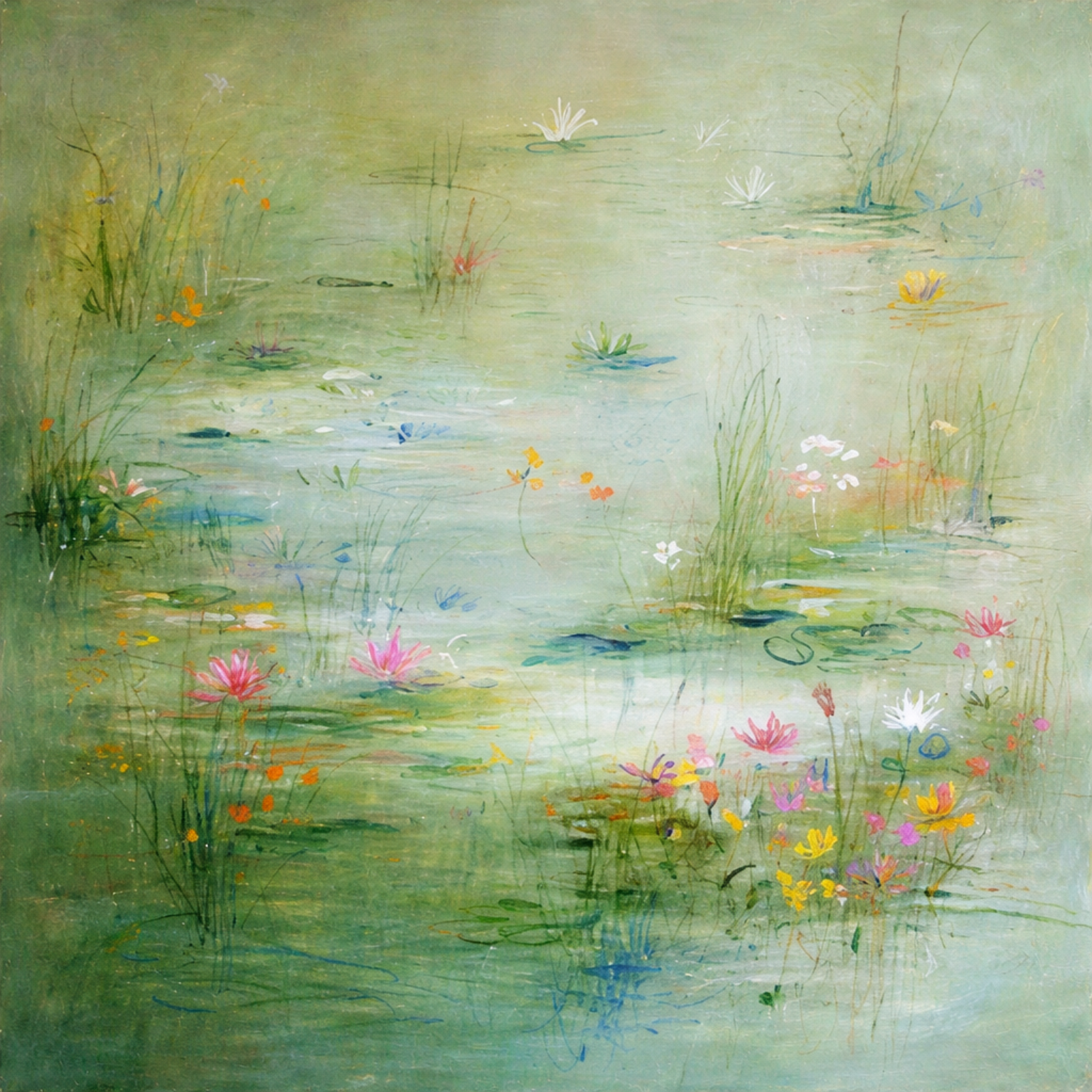 Impressionist oil painting of a peaceful green pond with pink and yellow water lilies, featuring soft textures and nature-inspired tones.
