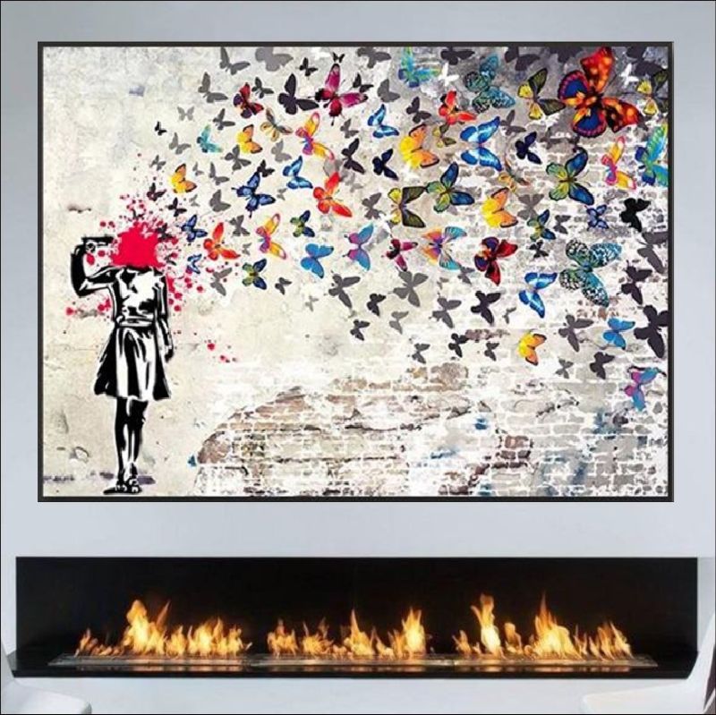Handmade abstract street art painting titled 'From Chaos to Beauty' featuring colorful butterflies emerging from chaos. Surreal urban graffiti-style artwork.