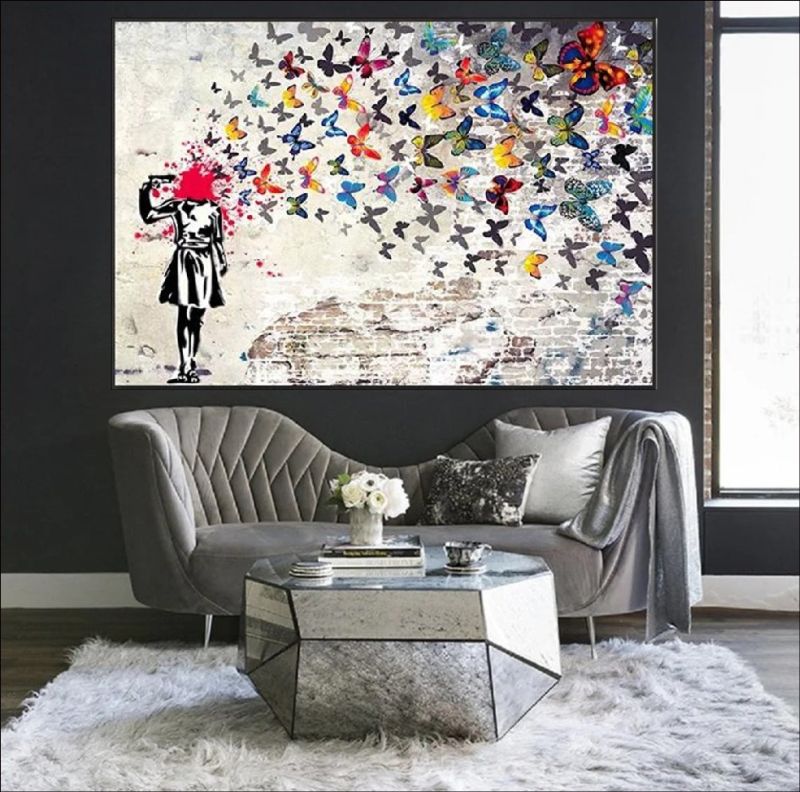 Handmade abstract street art painting titled 'From Chaos to Beauty' featuring colorful butterflies emerging from chaos. Surreal urban graffiti-style artwork.