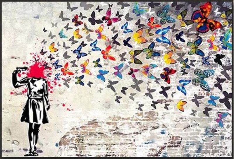 Handmade abstract street art painting titled 'From Chaos to Beauty' featuring colorful butterflies emerging from chaos. Surreal urban graffiti-style artwork.