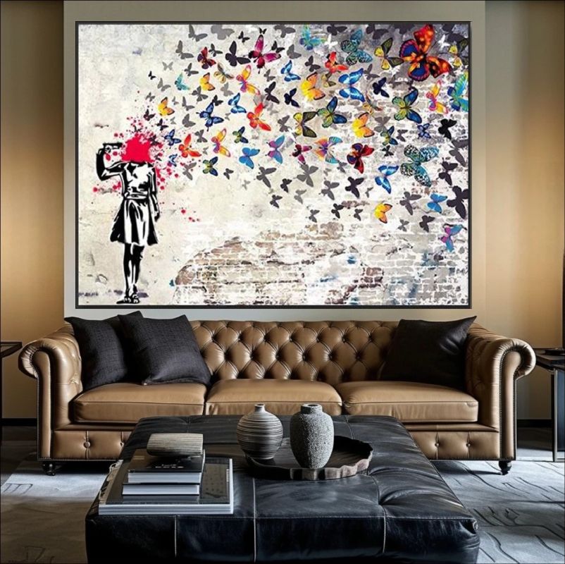 Handmade abstract street art painting titled 'From Chaos to Beauty' featuring colorful butterflies emerging from chaos. Surreal urban graffiti-style artwork.