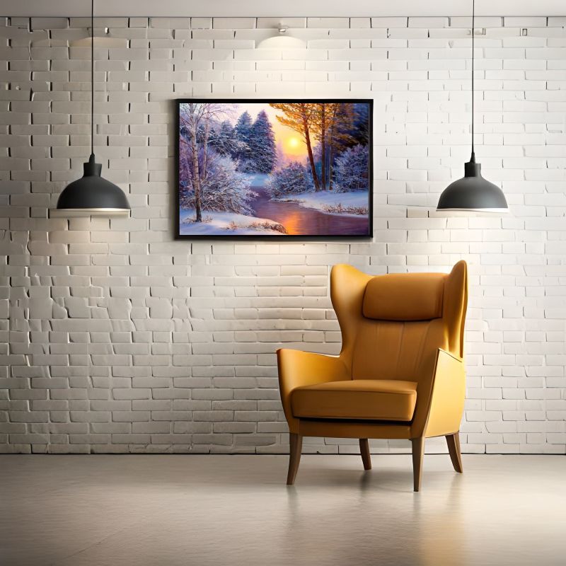Yellow armchair in front of a TV displaying a nature scene on a white brick wall.