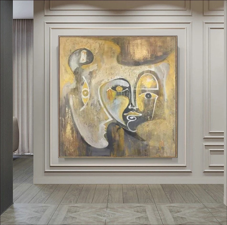 ""Fusion of Faces"" is a contemporary abstract painting that seamlessly blends multiple human faces into a unified form, exemplifying modern abstract face art.