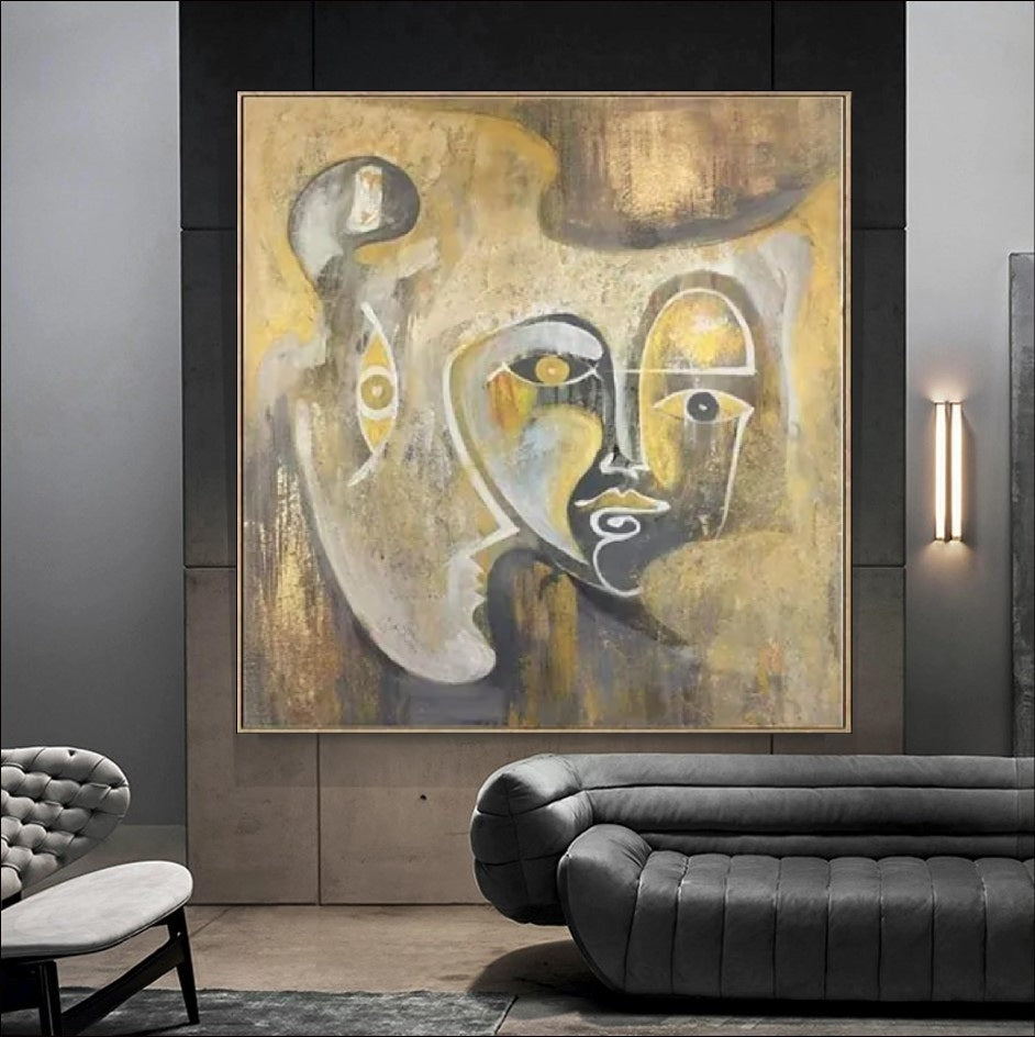 ""Fusion of Faces"" is a contemporary abstract painting that seamlessly blends multiple human faces into a unified form, exemplifying modern abstract face art.