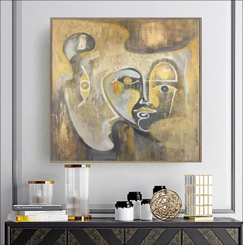 "Fusion of Faces" is a contemporary abstract painting that seamlessly blends multiple human faces into a unified form, exemplifying modern abstract face art.