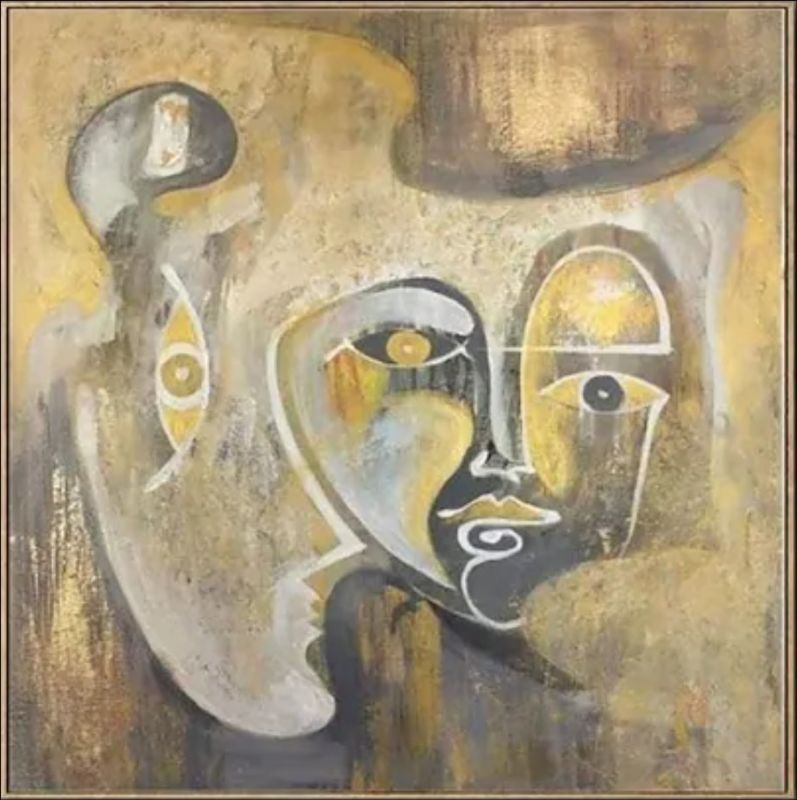 ""Fusion of Faces"" is a contemporary abstract painting that seamlessly blends multiple human faces into a unified form, exemplifying modern abstract face art.