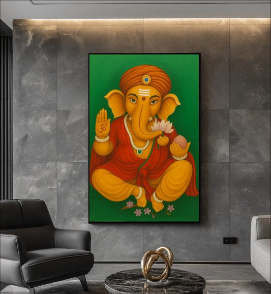 Framed painting of Ganesha on a wall in a modern living room.