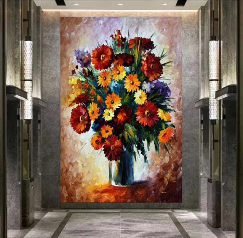 Textured painting of a vibrant flower bouquet in a vase with red, yellow, orange and purple flowers on canvas.
