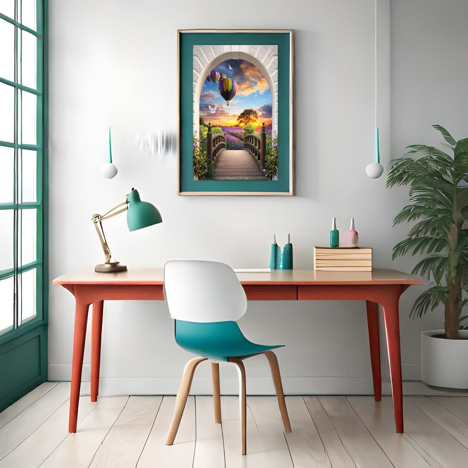 A surreal landscape viewed through a stone arch featuring a wooden bridge, a lavender field, hot air balloons, and doves under a golden sunset sky.