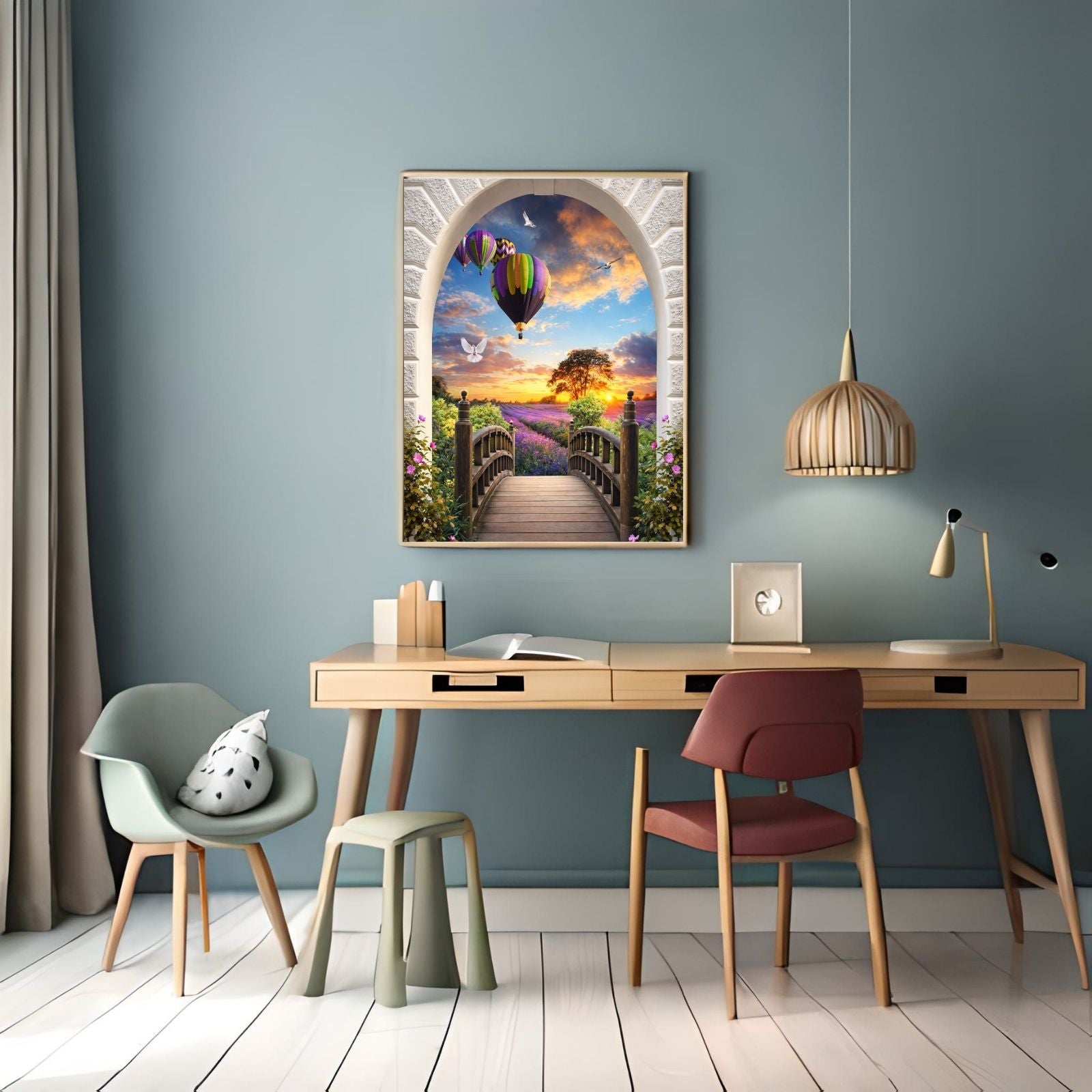 A surreal landscape viewed through a stone arch featuring a wooden bridge, a lavender field, hot air balloons, and doves under a golden sunset sky.