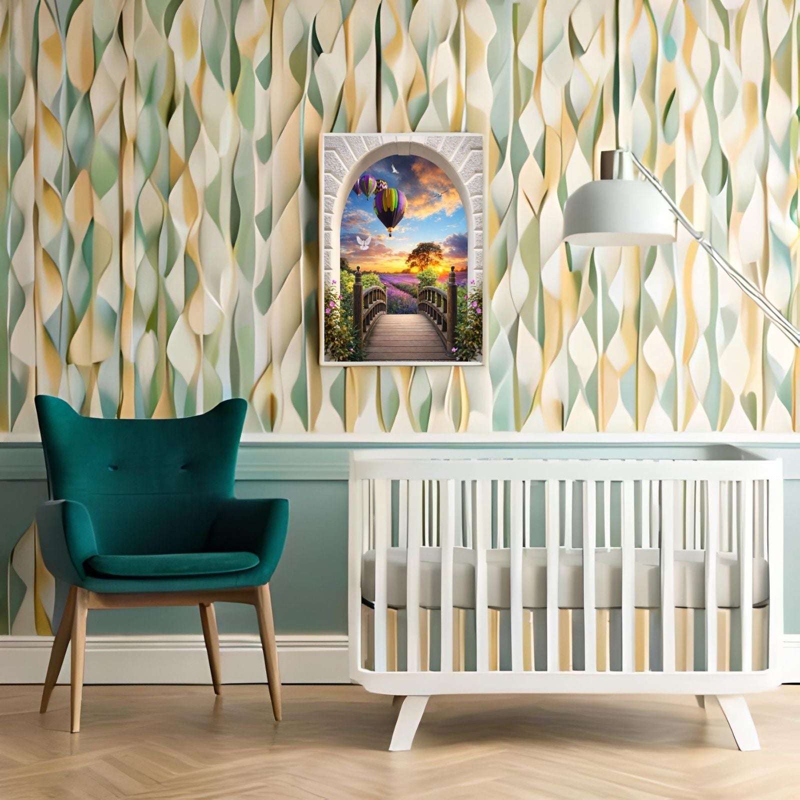 A surreal landscape viewed through a stone arch featuring a wooden bridge, a lavender field, hot air balloons, and doves under a golden sunset sky.