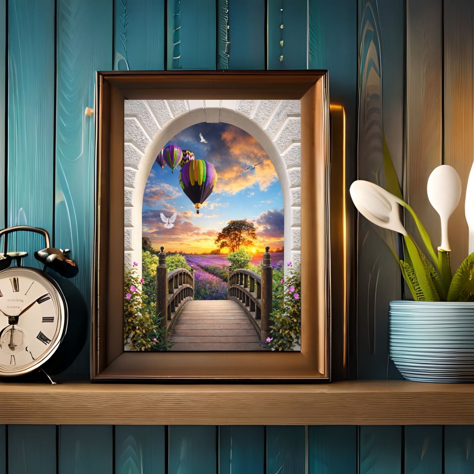A surreal landscape viewed through a stone arch featuring a wooden bridge, a lavender field, hot air balloons, and doves under a golden sunset sky.