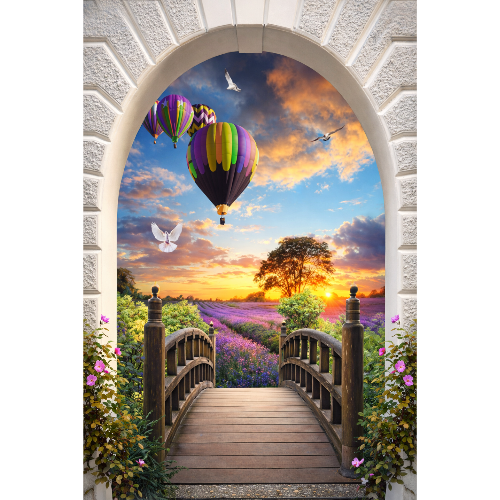 A surreal landscape viewed through a stone arch featuring a wooden bridge, a lavender field, hot air balloons, and doves under a golden sunset sky.