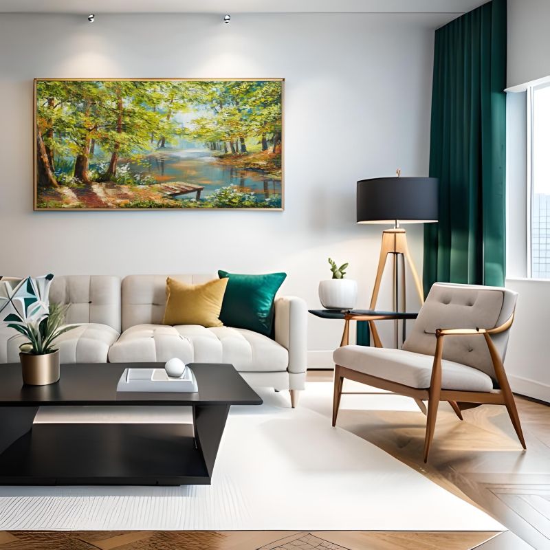 Living room with a brown leather sofa and a large painting of a forest scene on the wall.