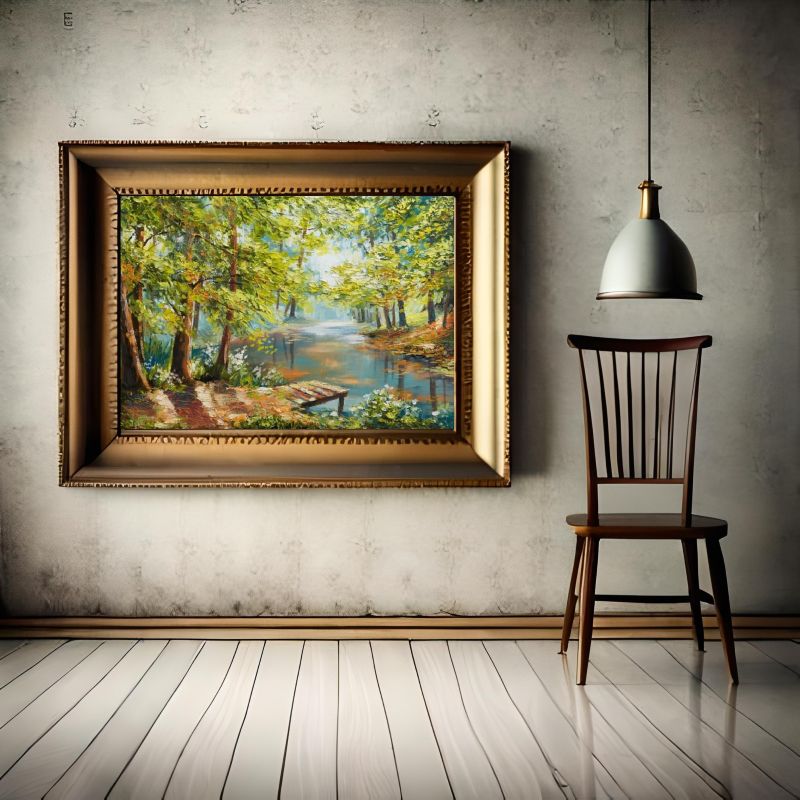 Living room with a brown leather sofa and a large painting of a forest scene on the wall.