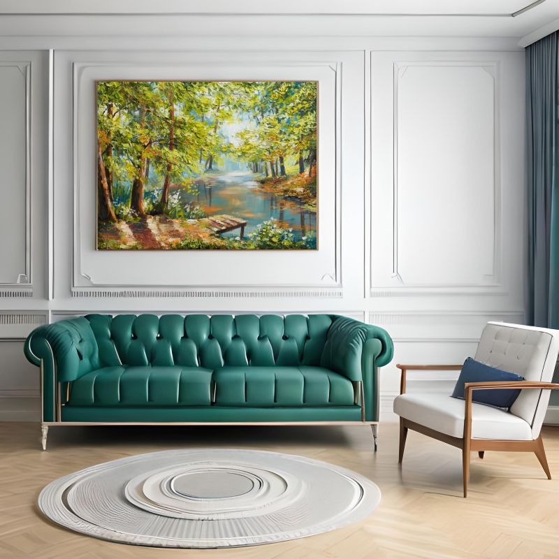 Living room with a brown leather sofa and a large painting of a forest scene on the wall.