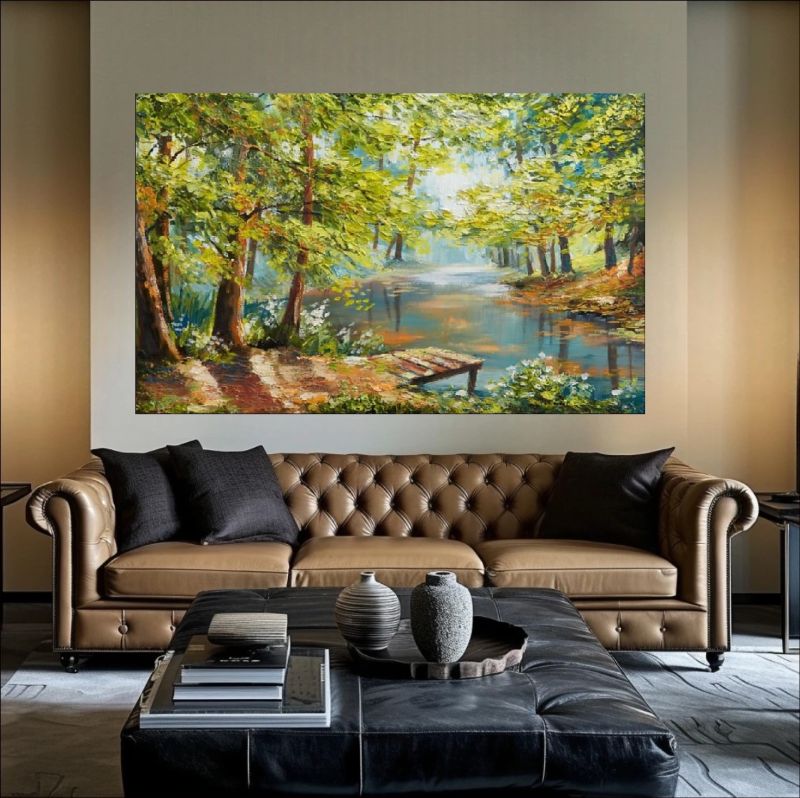 Living room with a brown leather sofa and a large painting of a forest scene on the wall.