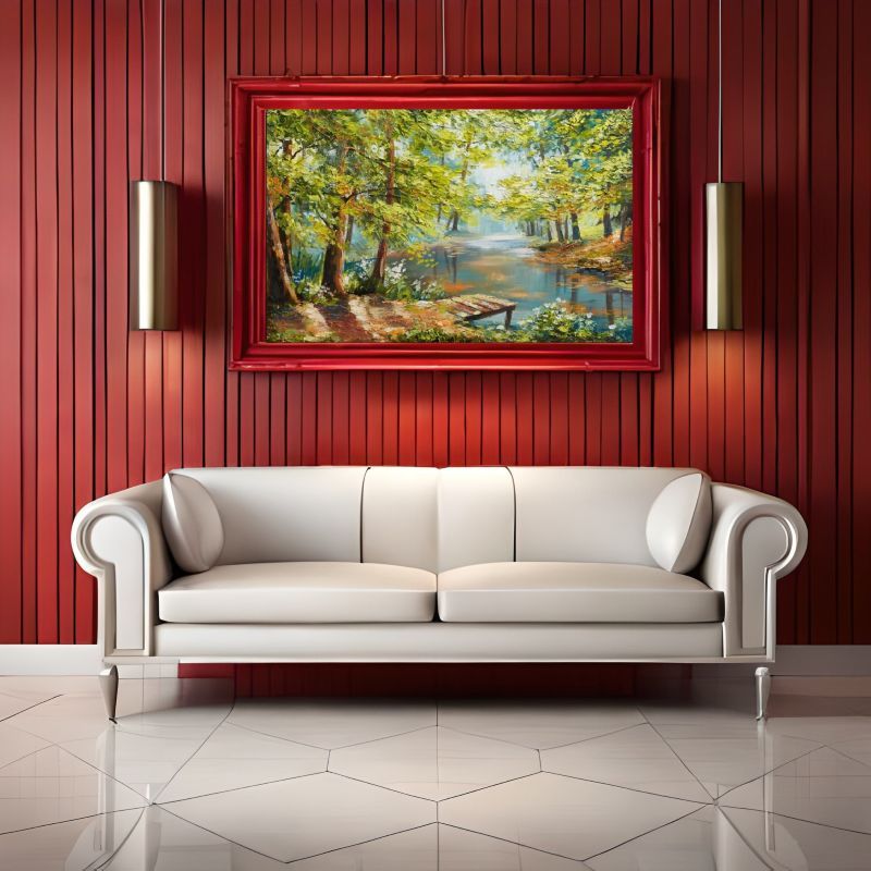 Living room with a brown leather sofa and a large painting of a forest scene on the wall.