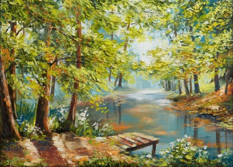 Painting of a serene forest scene with a pond and wooden bench.