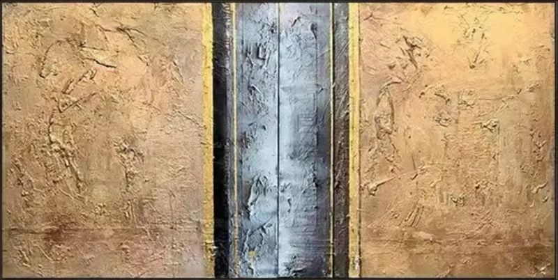Textured abstract painting featuring two large burnished gold panels separated by a vertical dark grey and silver stripe, modern industrial wall art.