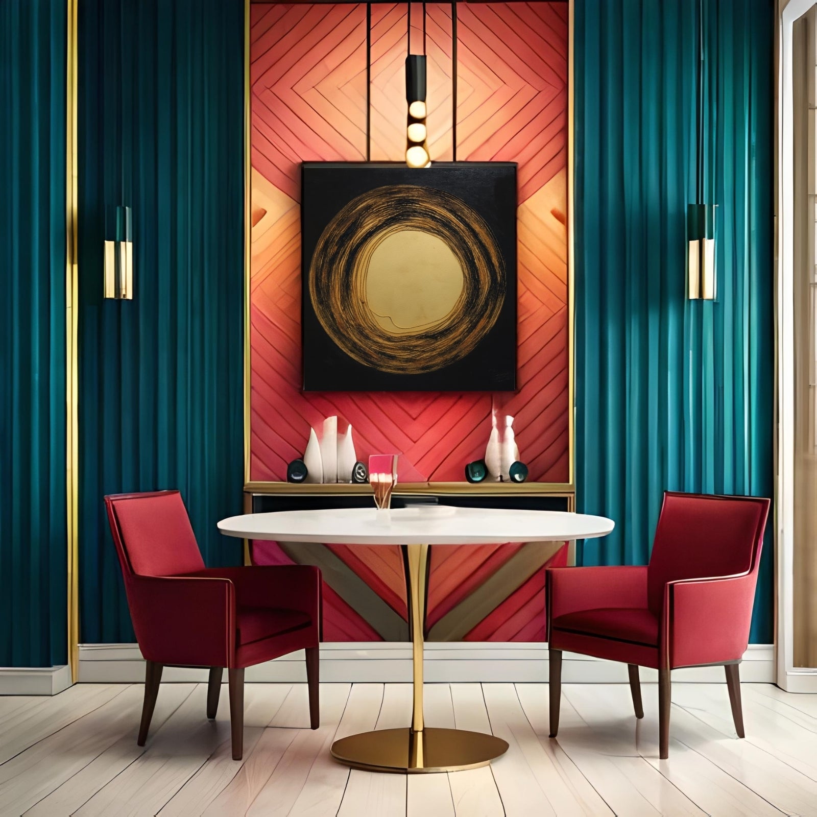 Minimalist abstract painting of a large metallic gold circle surrounded by textured, circular brushstrokes in black and bronze on a dark square canvas.