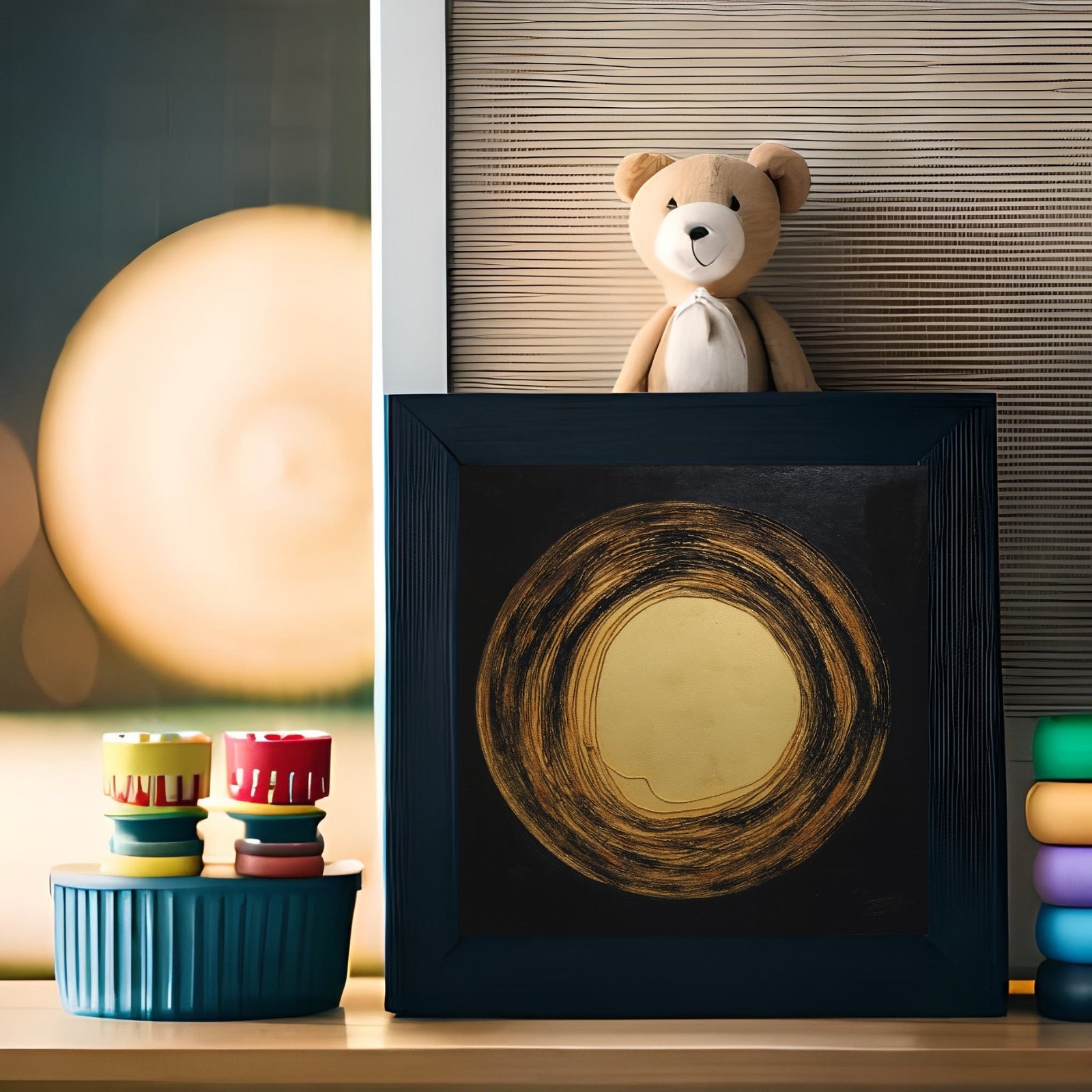 Minimalist abstract painting of a large metallic gold circle surrounded by textured, circular brushstrokes in black and bronze on a dark square canvas.