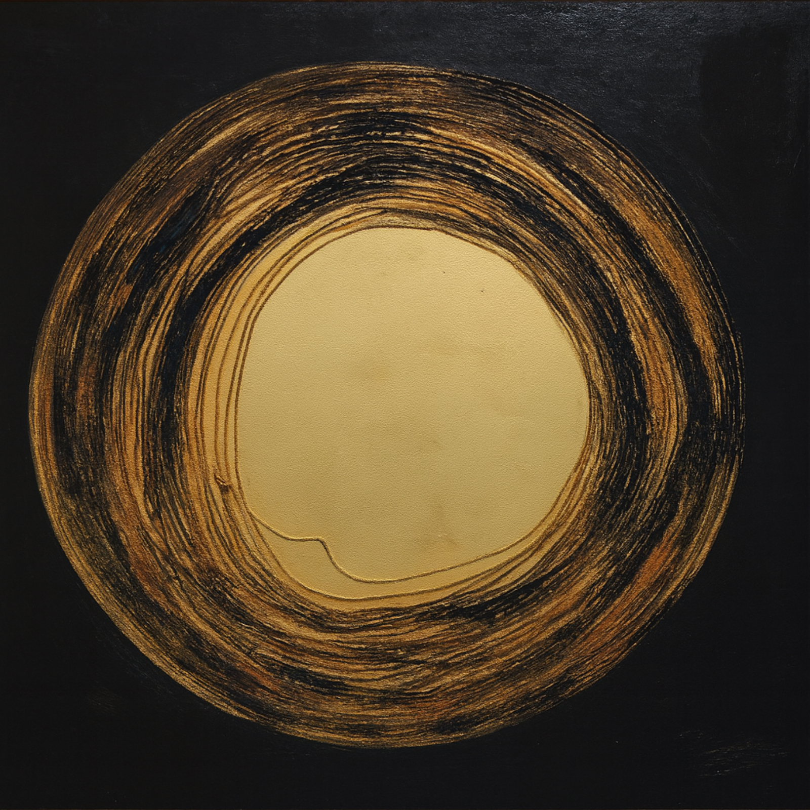 Minimalist abstract painting of a large metallic gold circle surrounded by textured, circular brushstrokes in black and bronze on a dark square canvas.