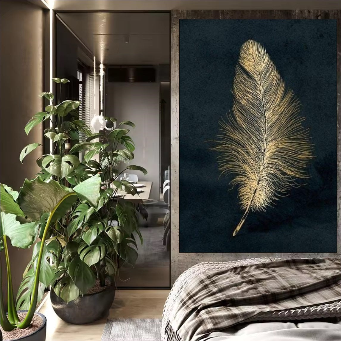 Gold feather art print on a dark background