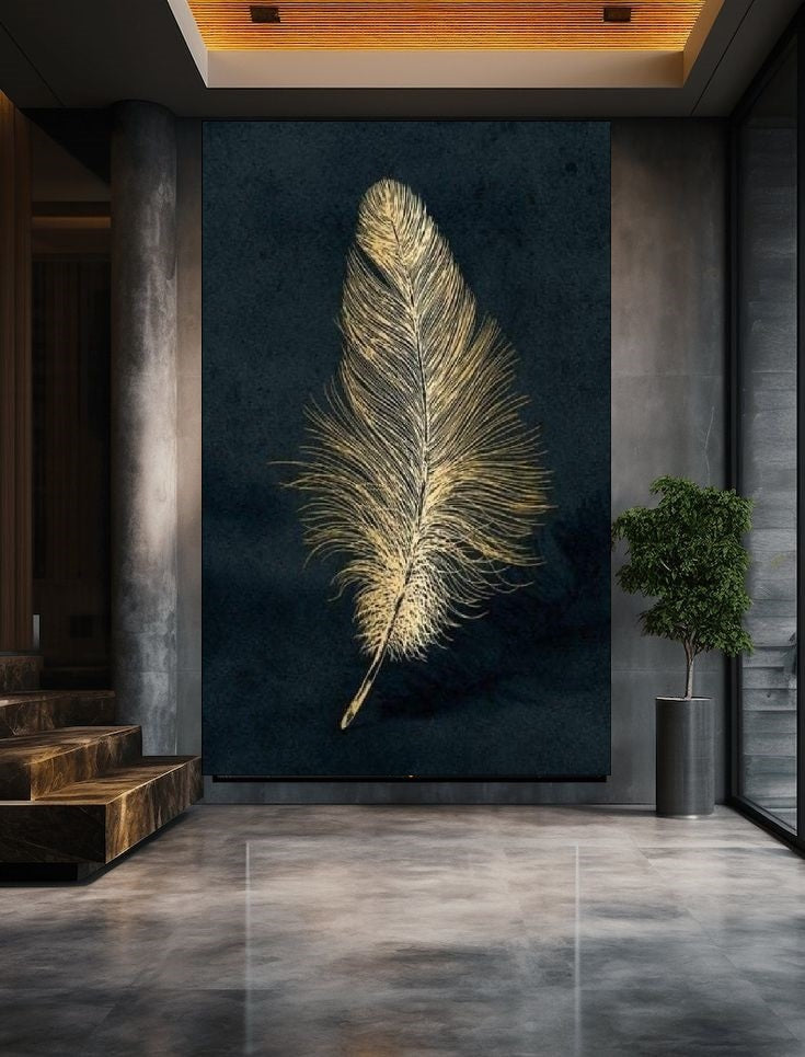 Gold feather art print on a dark background