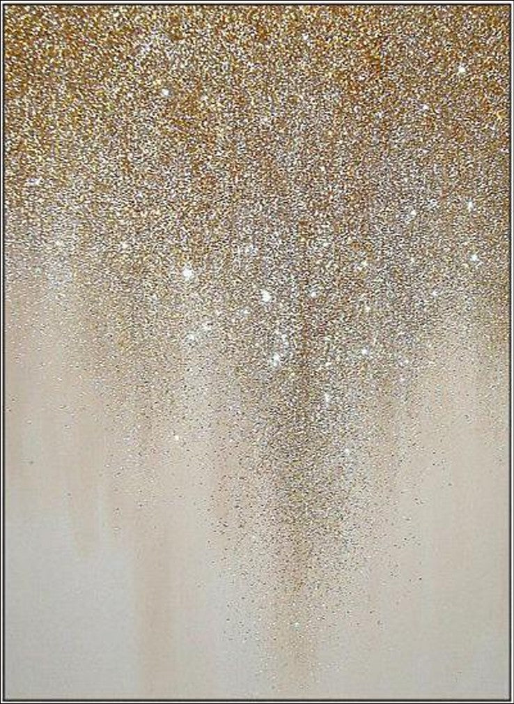 An abstract painting featuring golden glitter cascading in a drip-like pattern on a neutral beige canvas. A luxurious and elegant wall décor piece for modern interiors.