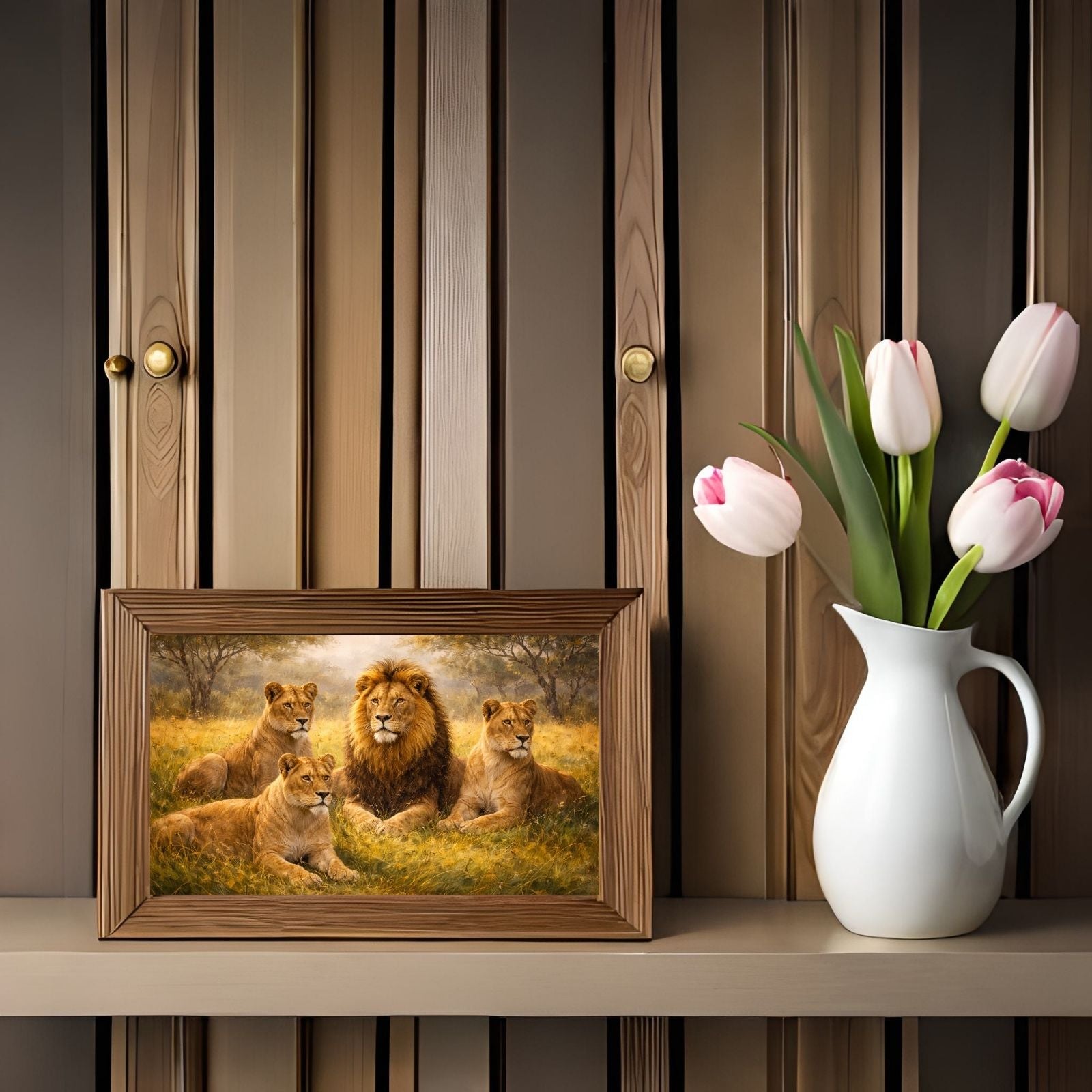 Detailed wildlife painting of a majestic male lion with a full mane sitting with three lionesses in a sun-lit golden savannah landscape
