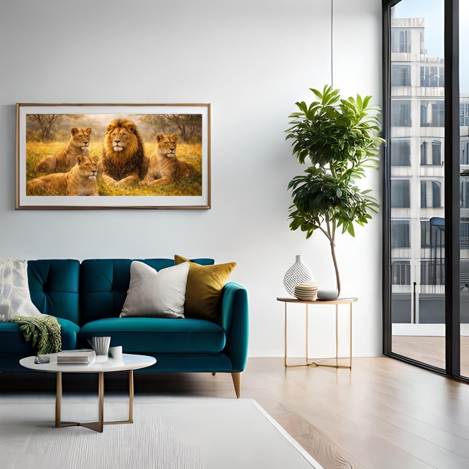 Detailed wildlife painting of a majestic male lion with a full mane sitting with three lionesses in a sun-lit golden savannah landscape