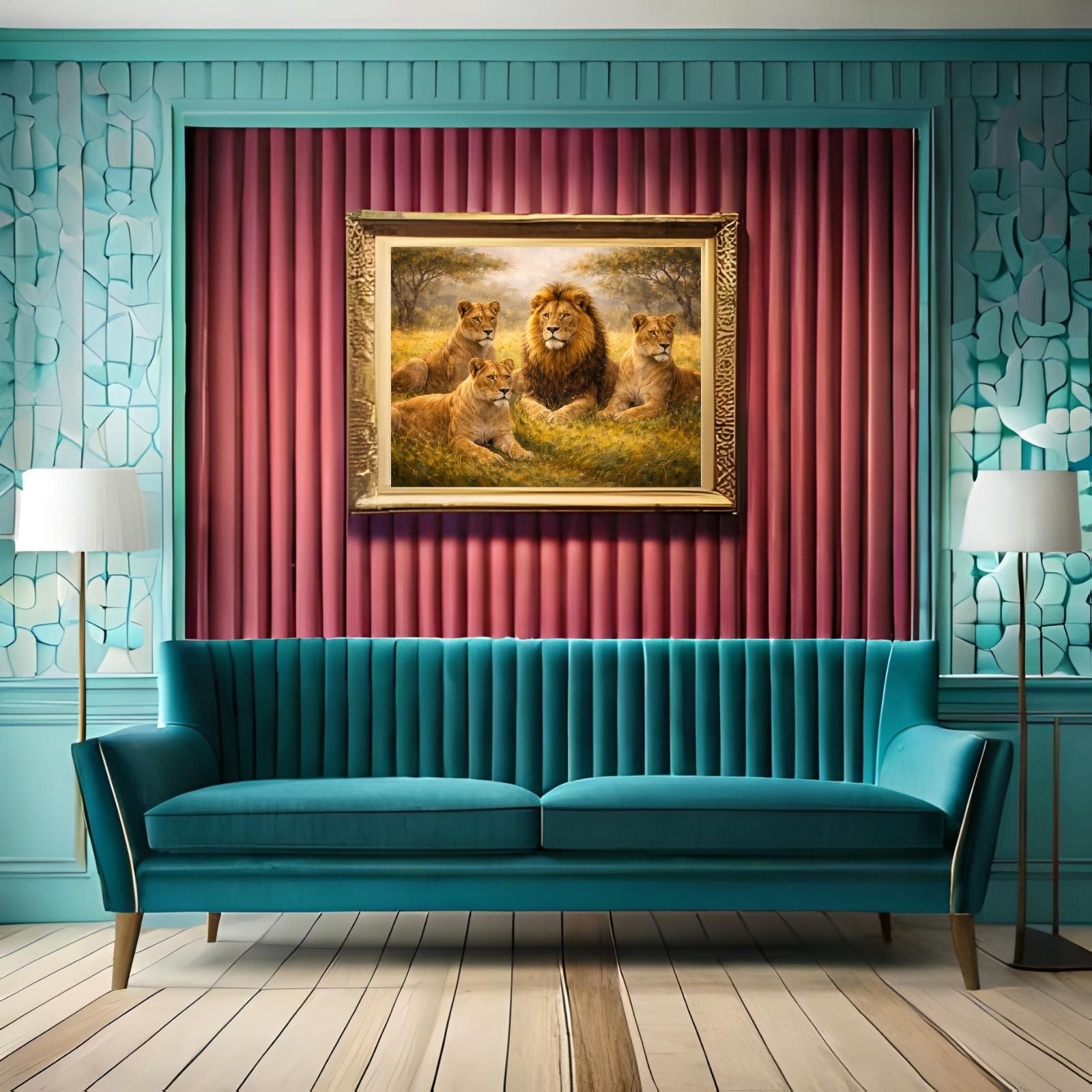 Detailed wildlife painting of a majestic male lion with a full mane sitting with three lionesses in a sun-lit golden savannah landscape