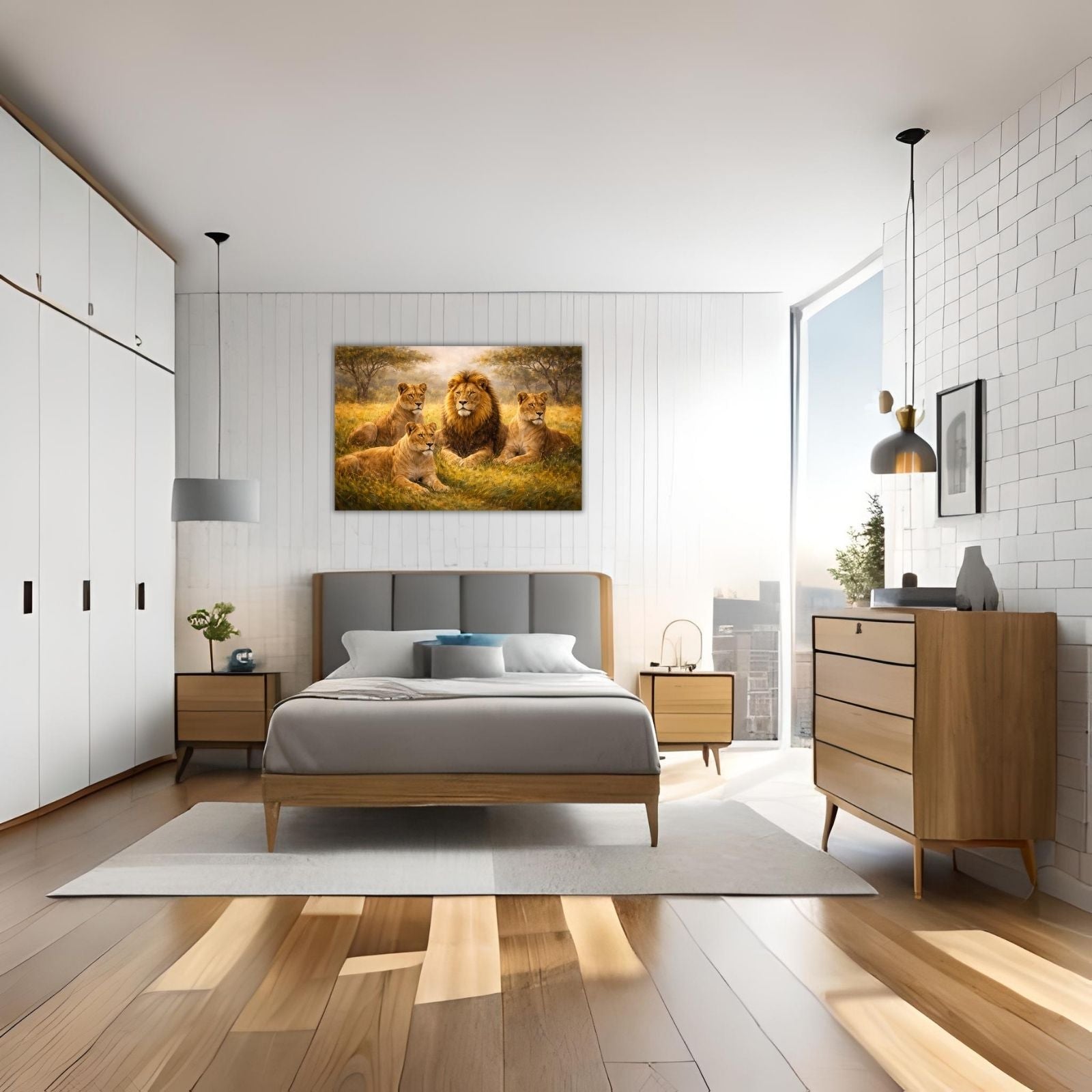 Detailed wildlife painting of a majestic male lion with a full mane sitting with three lionesses in a sun-lit golden savannah landscape