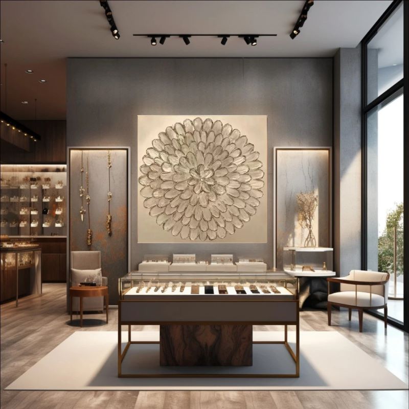 Jewelry store interior with display cases and decorative wall art