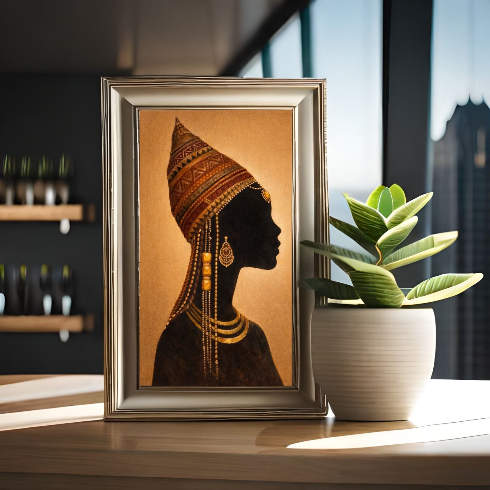 A majestic figurative painting featuring the silhouette of an African woman wearing a detailed patterned headwrap and gold jewelry against a warm gold background.