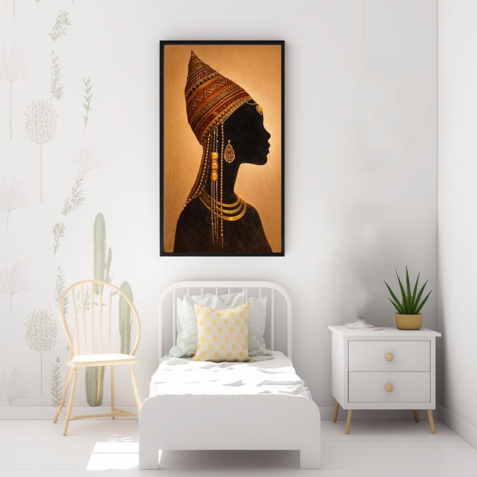 A majestic figurative painting featuring the silhouette of an African woman wearing a detailed patterned headwrap and gold jewelry against a warm gold background.