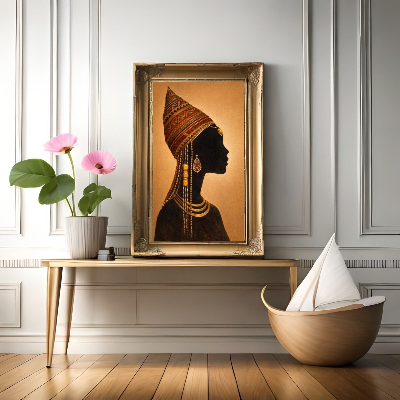 A majestic figurative painting featuring the silhouette of an African woman wearing a detailed patterned headwrap and gold jewelry against a warm gold background.
