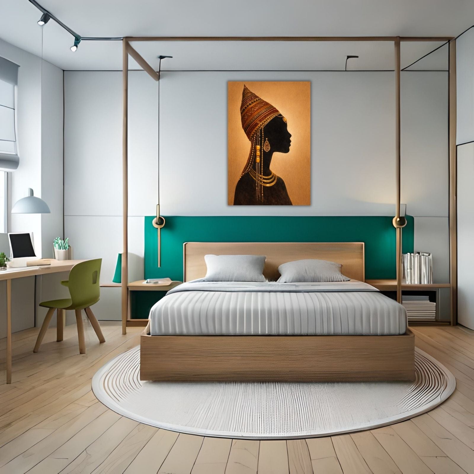 A majestic figurative painting featuring the silhouette of an African woman wearing a detailed patterned headwrap and gold jewelry against a warm gold background.