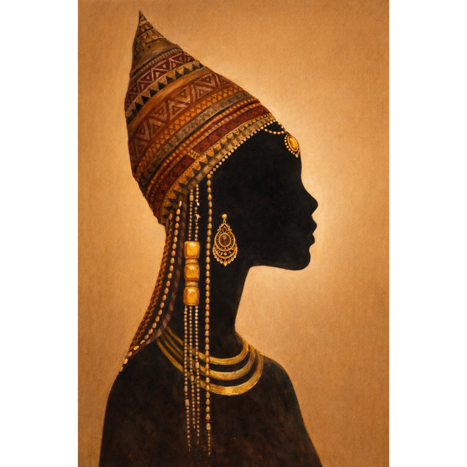 A majestic figurative painting featuring the silhouette of an African woman wearing a detailed patterned headwrap and gold jewelry against a warm gold background.
