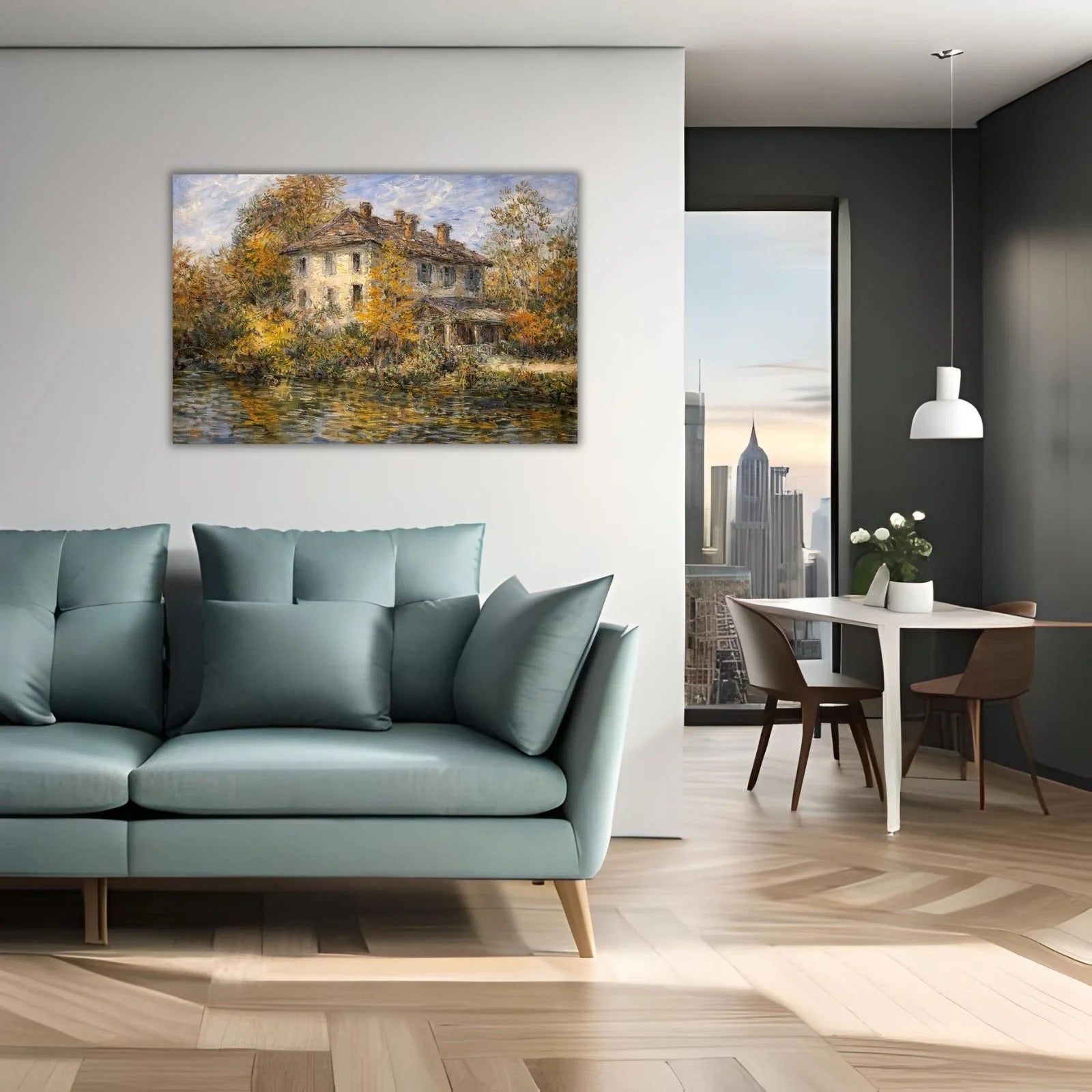 Impressionist oil painting of a grand historic manor by a river, featuring vibrant autumn trees and golden light reflections on the water.