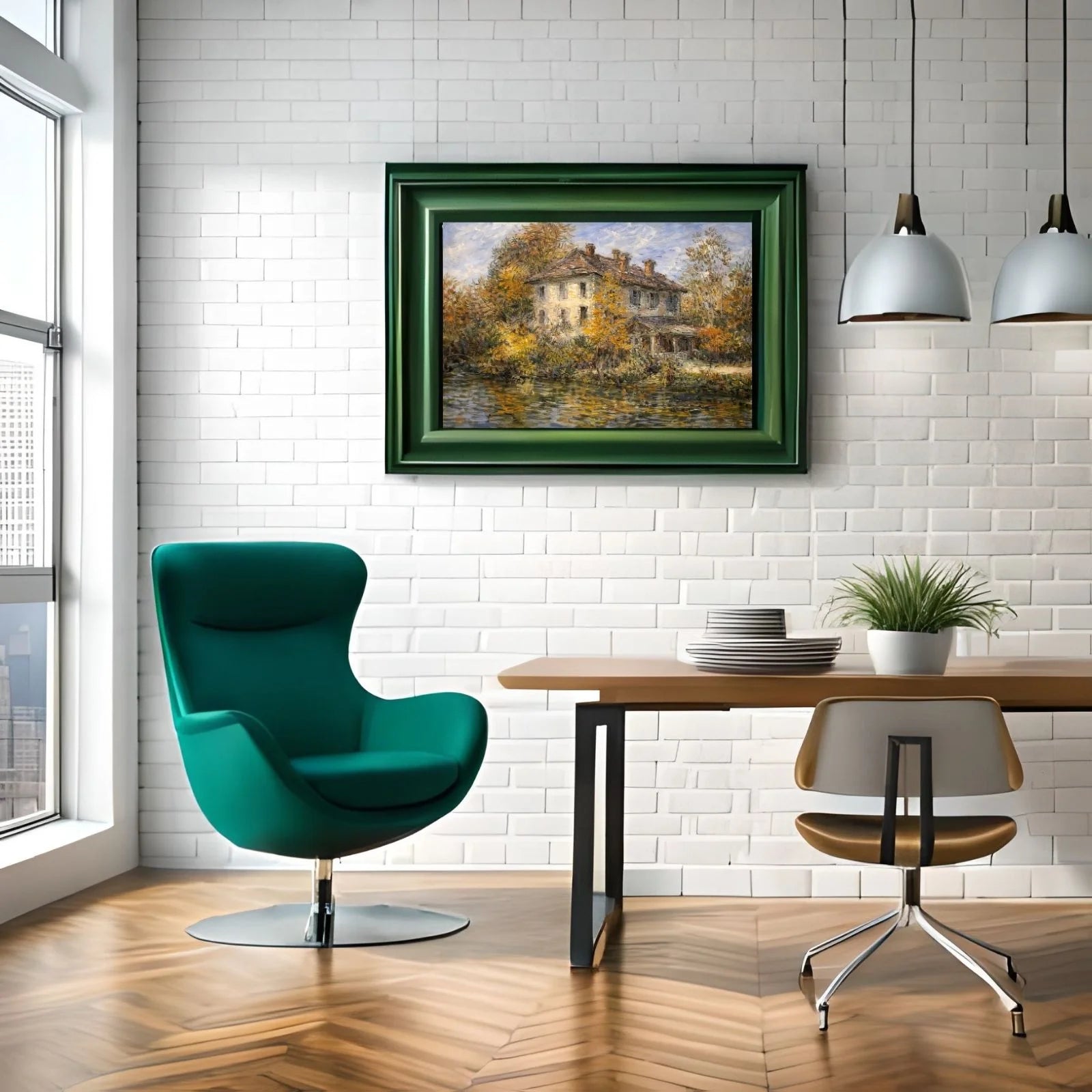 Impressionist oil painting of a grand historic manor by a river, featuring vibrant autumn trees and golden light reflections on the water.