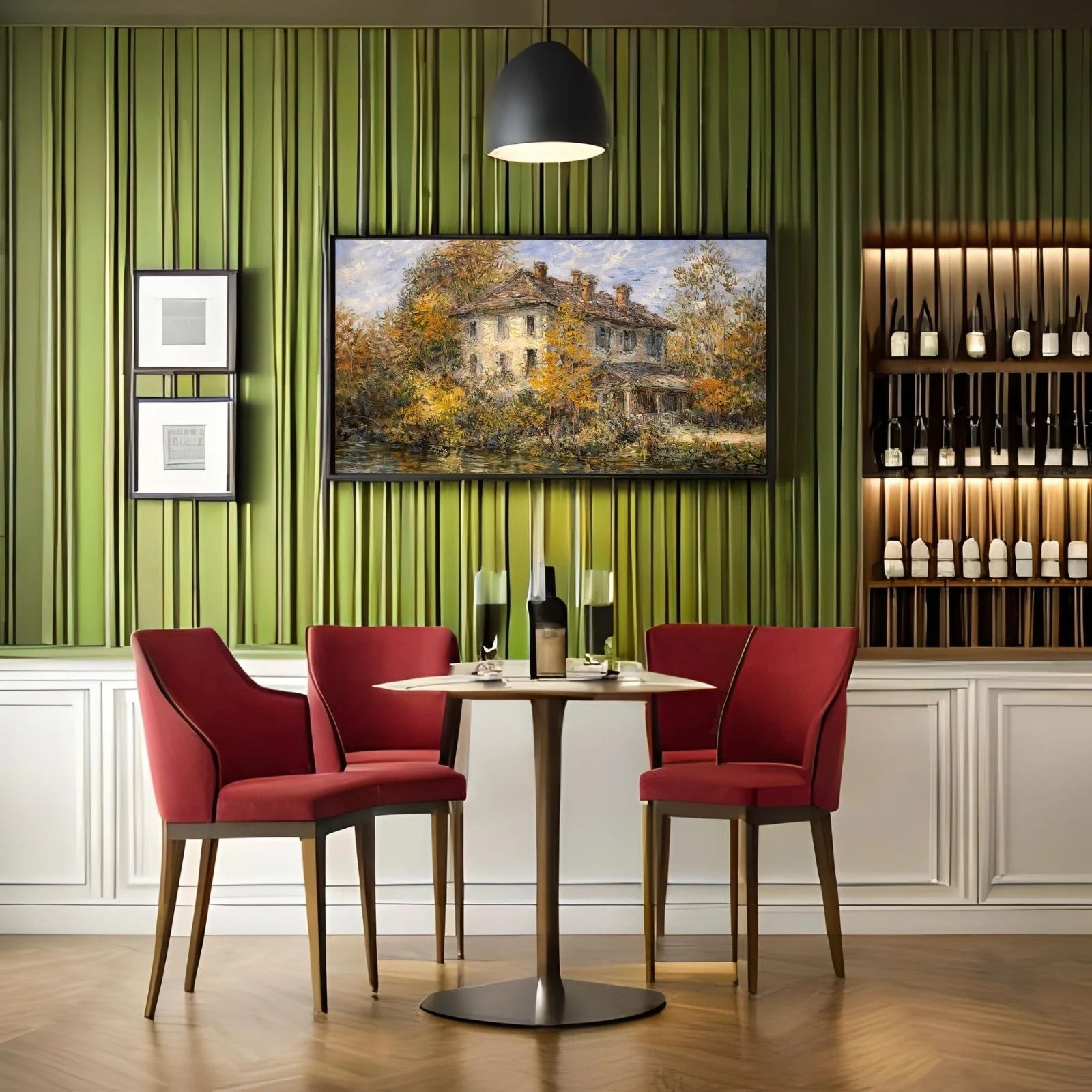 Impressionist oil painting of a grand historic manor by a river, featuring vibrant autumn trees and golden light reflections on the water.