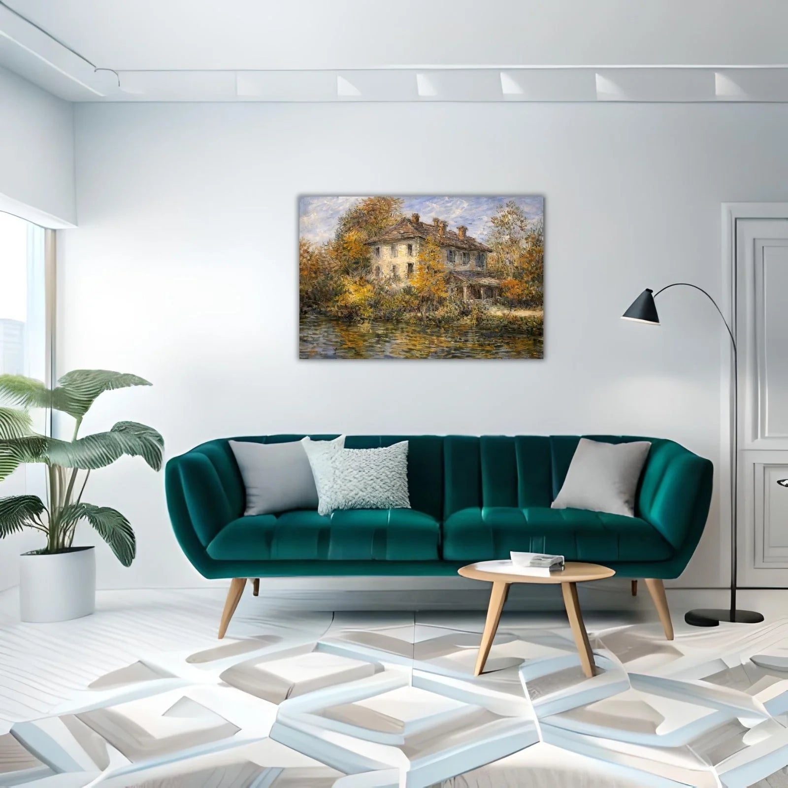 Impressionist oil painting of a grand historic manor by a river, featuring vibrant autumn trees and golden light reflections on the water.