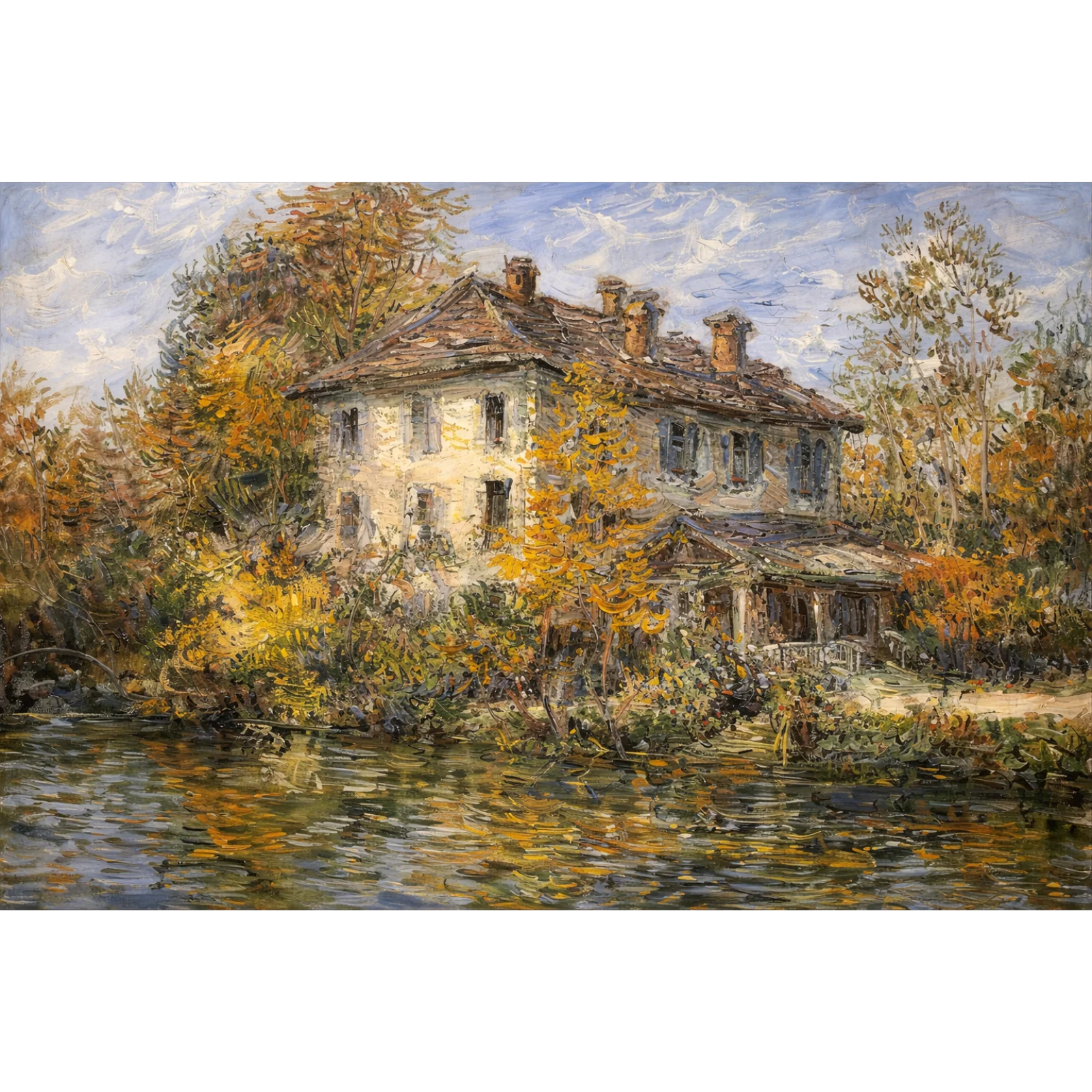 Impressionist oil painting of a grand historic manor by a river, featuring vibrant autumn trees and golden light reflections on the water.