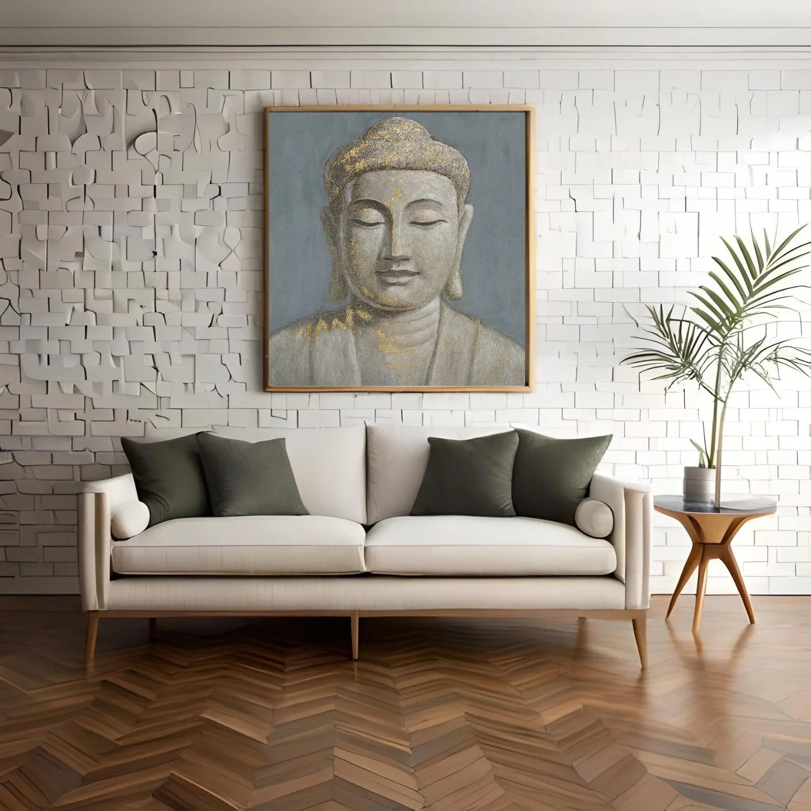 A serene spiritual painting of Buddha's face in a meditative pose, featuring a textured grey background with elegant gold leaf highlights