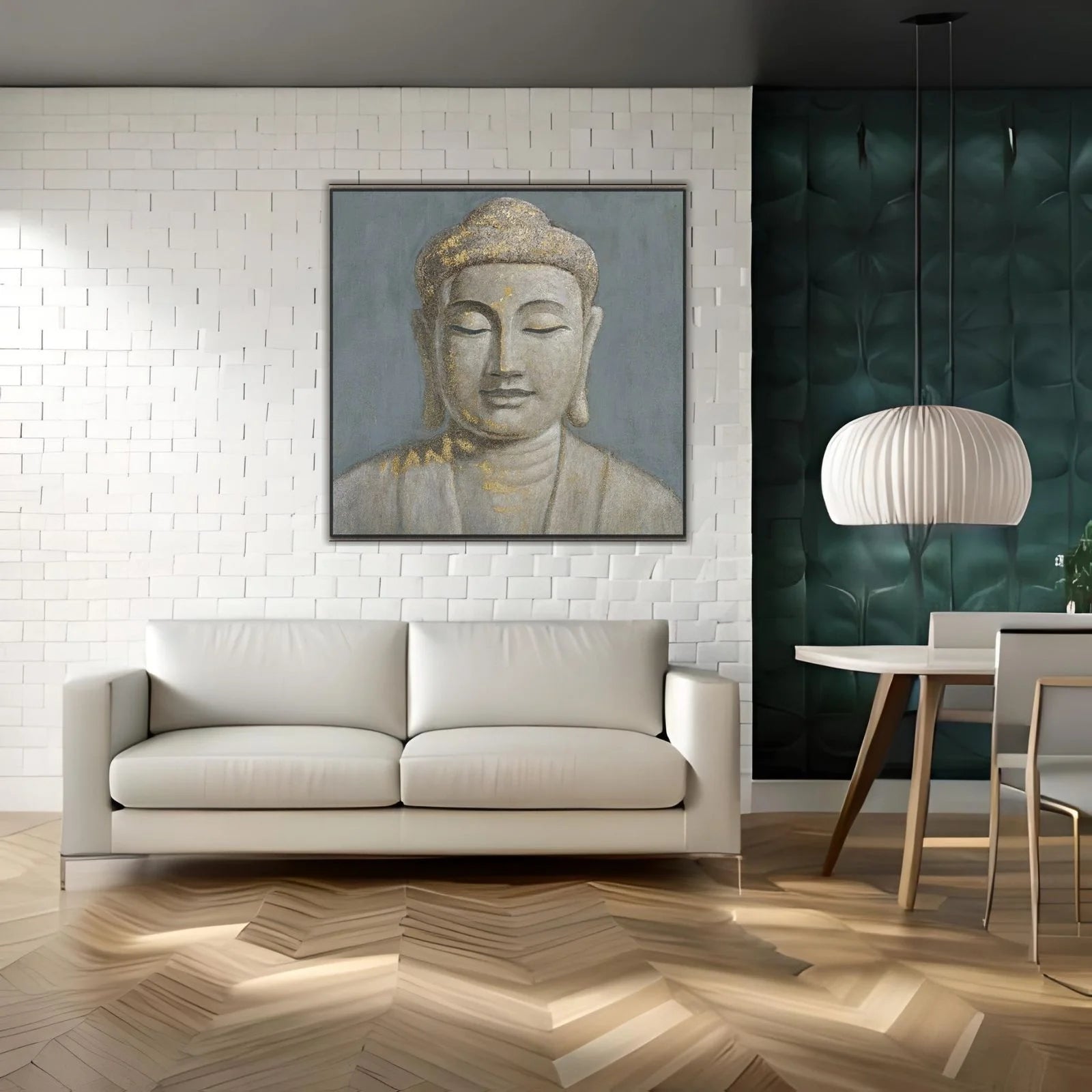 A serene spiritual painting of Buddha's face in a meditative pose, featuring a textured grey background with elegant gold leaf highlights