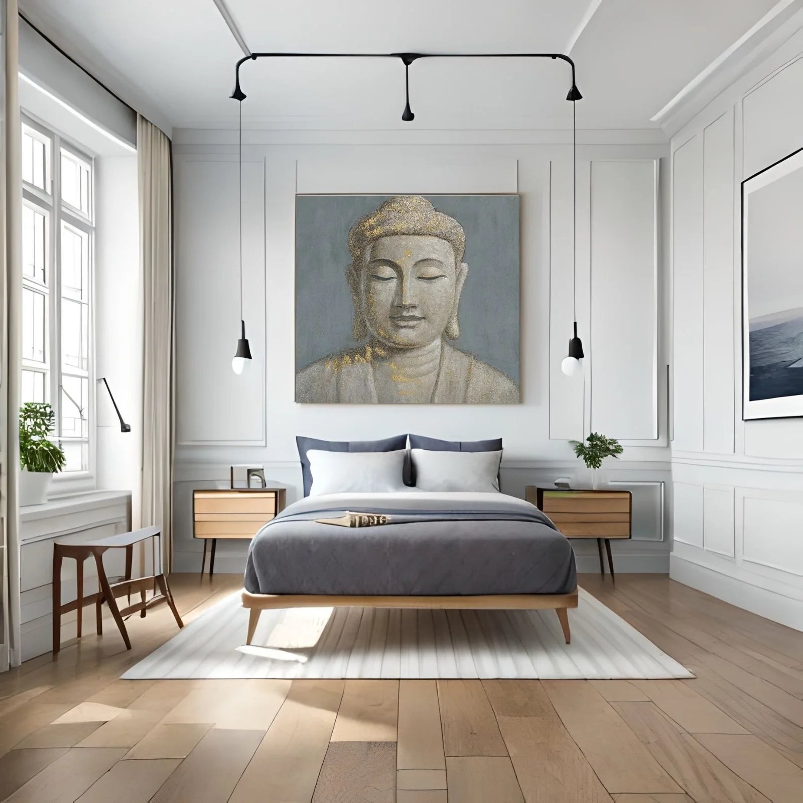 A serene spiritual painting of Buddha's face in a meditative pose, featuring a textured grey background with elegant gold leaf highlights