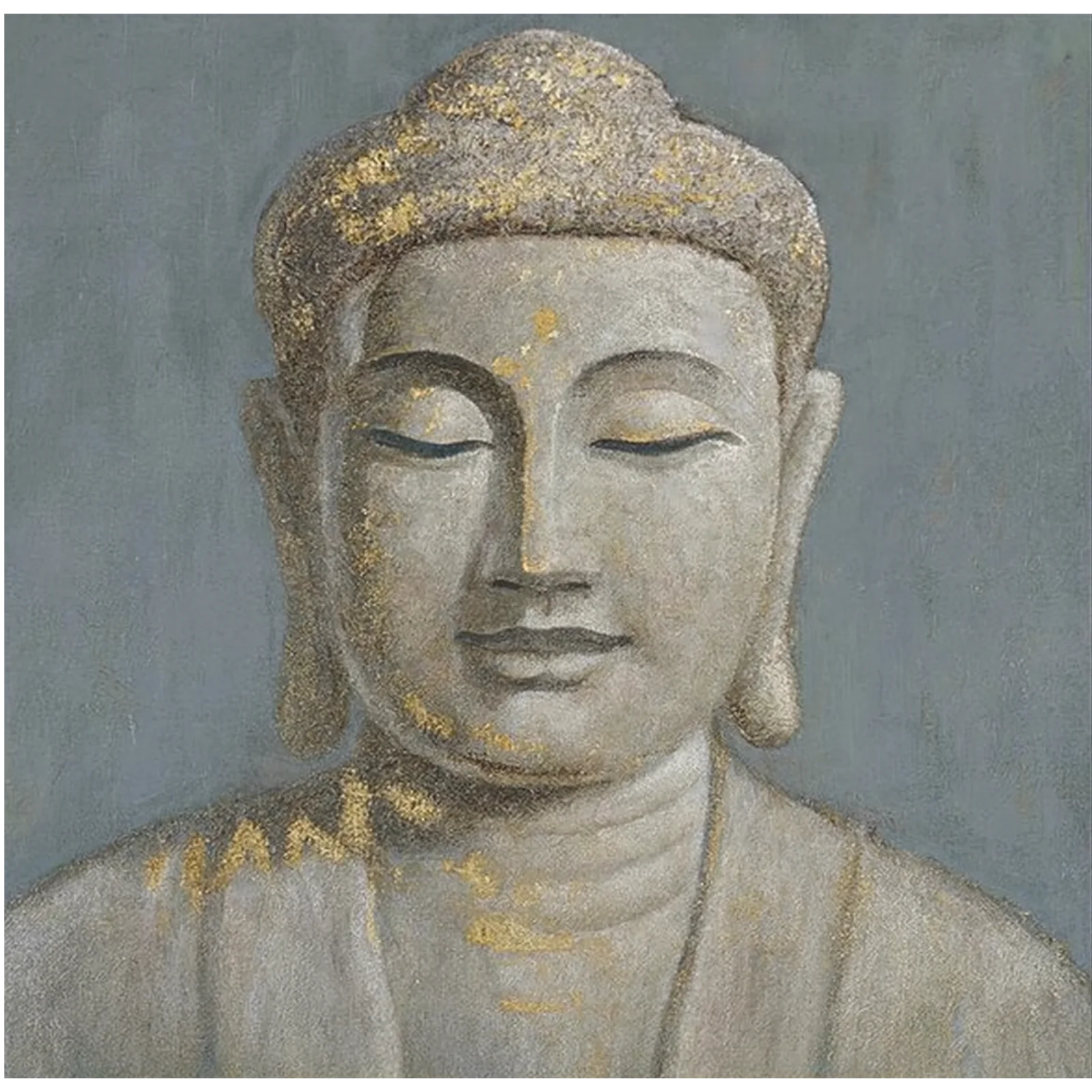 A serene spiritual painting of Buddha's face in a meditative pose, featuring a textured grey background with elegant gold leaf highlights